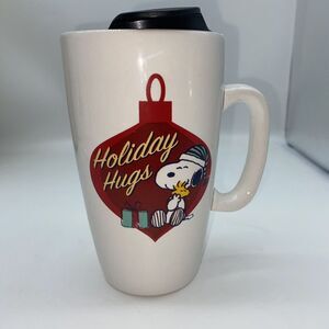 Peanuts Snoopy Woodstock Holiday Hugs Ceramic Travel Coffee Tea Lidded Mug